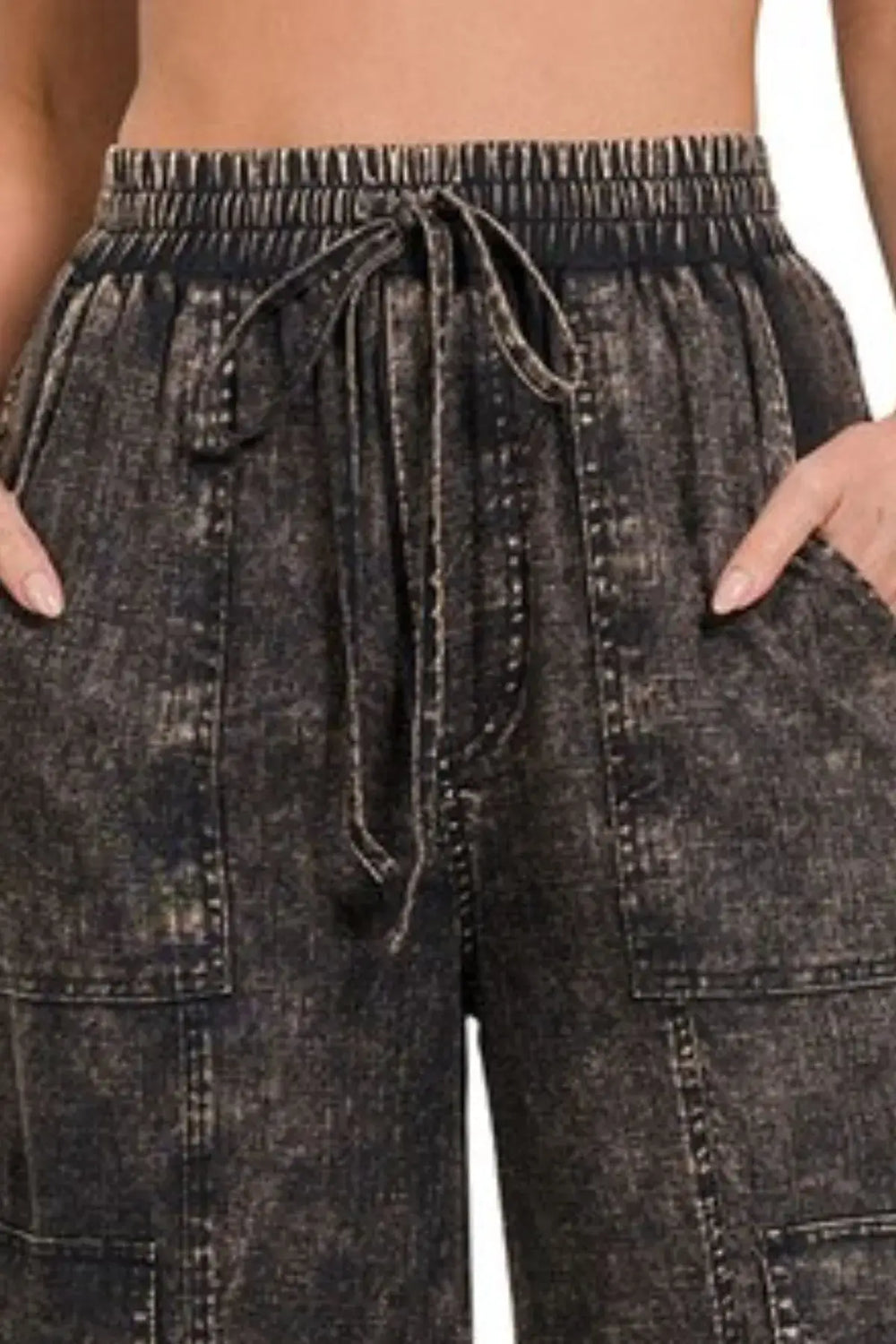 Zenana Washed Linen Elastic Band Waist Cargo Pants