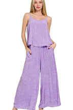 Zenana Woven Acid Crinkle Washed Cami & Pants 2 Piece Set