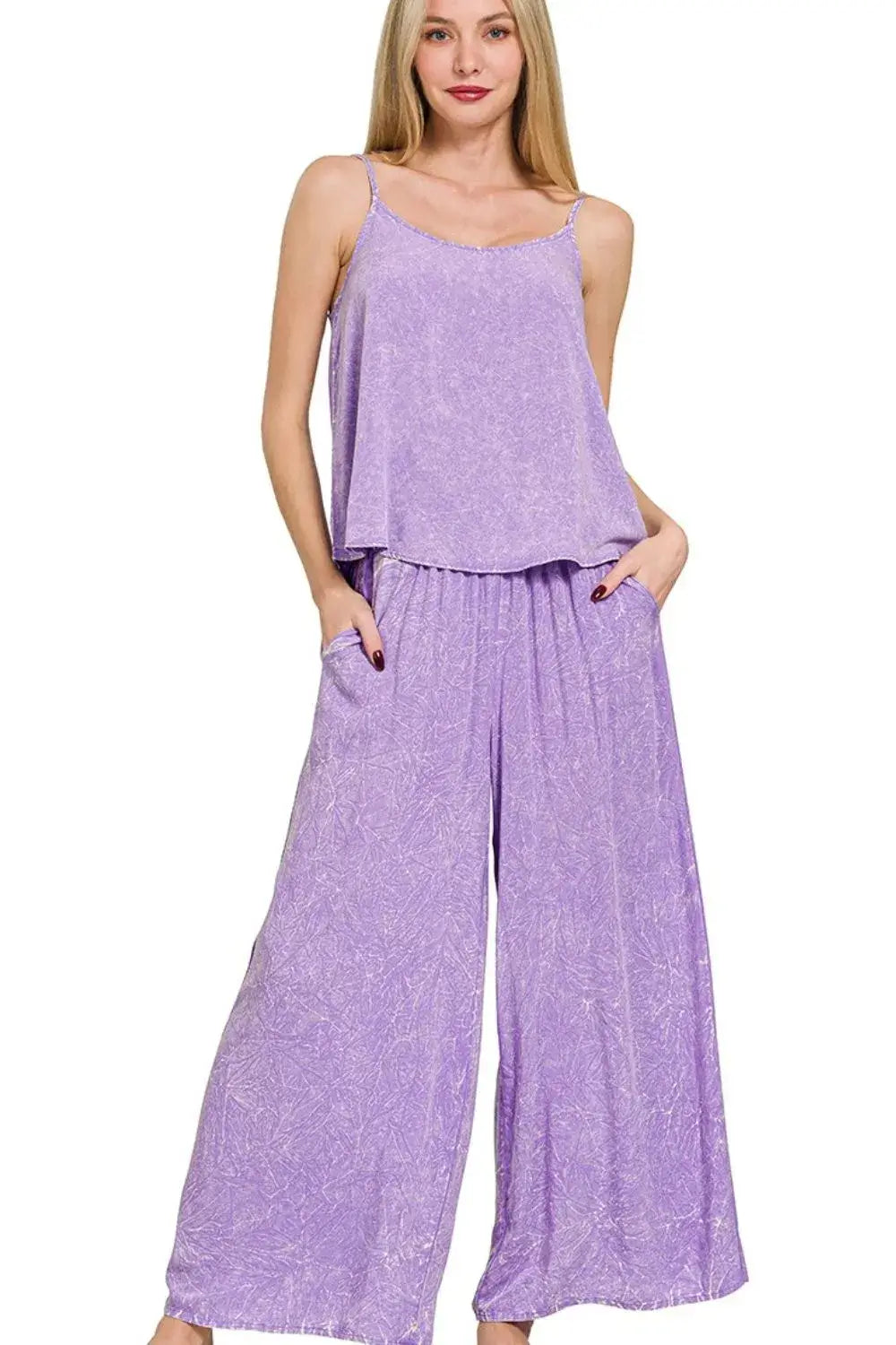 Zenana Woven Acid Crinkle Washed Cami & Pants 2 Piece Set