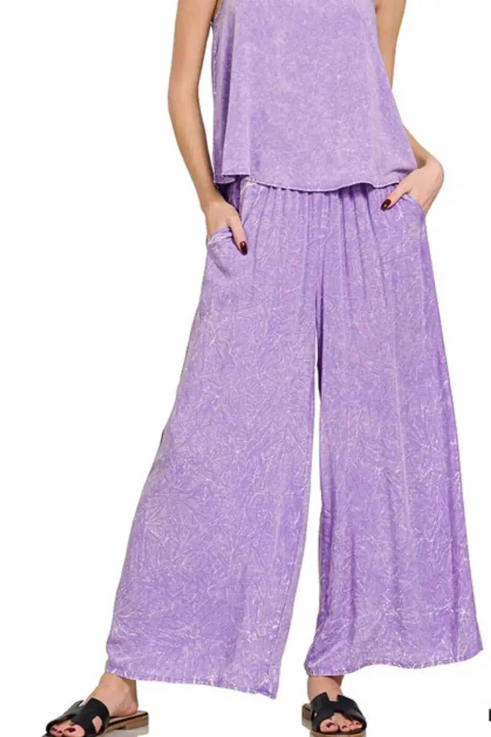 Zenana Woven Acid Crinkle Washed Cami & Pants 2 Piece Set