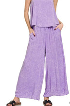 Zenana Woven Acid Crinkle Washed Cami & Pants 2 Piece Set