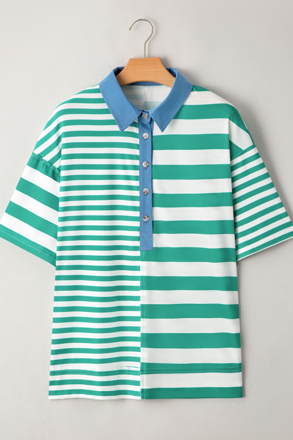 Stripe Colorblock Collar Half Button Shirt - felvior