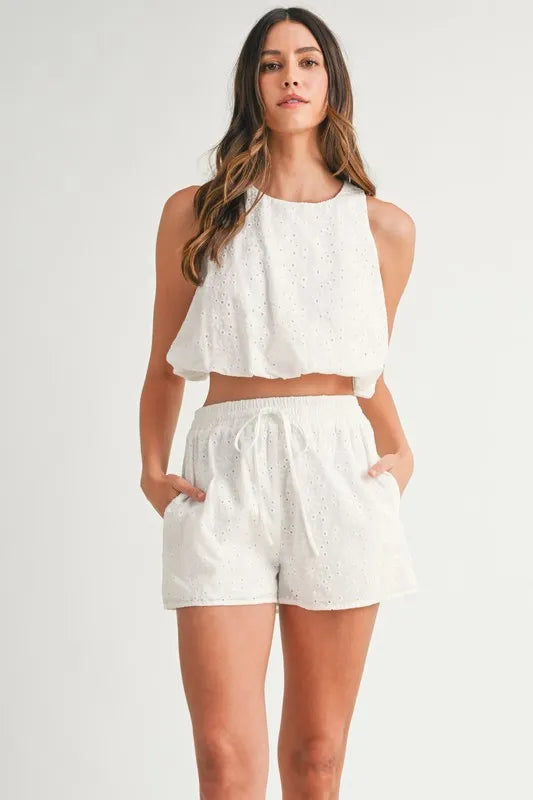 MABLE Eyelet Bubble Hem Sleeveless Top and Shorts Set