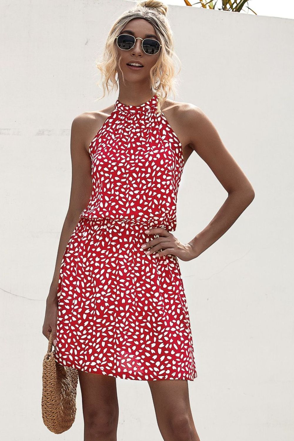 Printed Grecian Neck Mini Dress - felvior