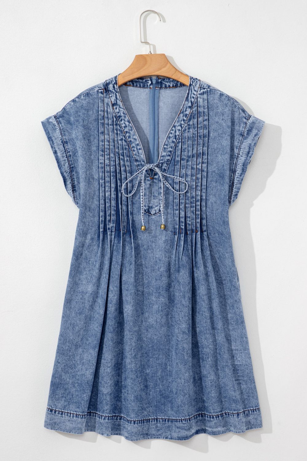 Tie V Neck Tucking Detail Short Sleeve Denim Dress