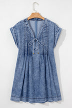 Tie V Neck Tucking Detail Short Sleeve Denim Dress