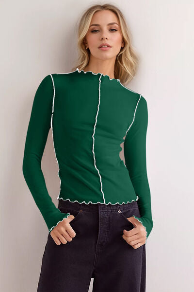 Basic Bae Contrast Trim Mock Neck Long Sleeve T-Shirt - felvior