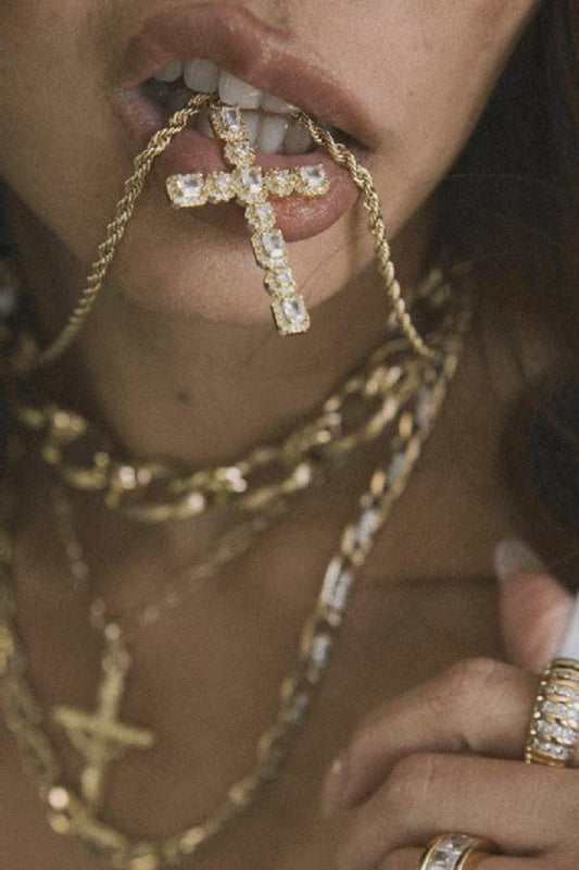 Brass Inlaid Zircon Cross Pendant Necklace - felvior