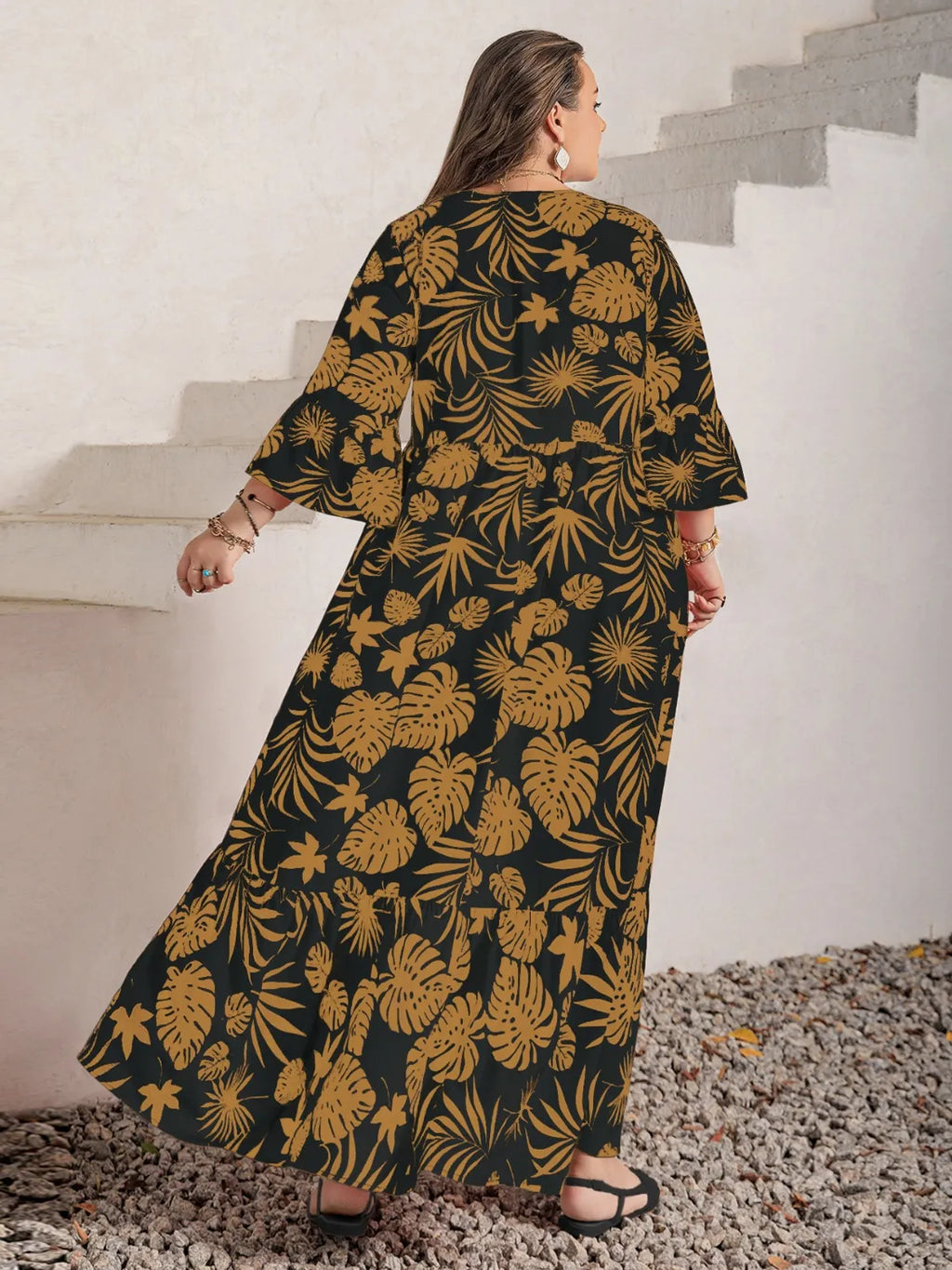 Plus Size Lace Detail Tropical Print Three-Quarter Sleeve Maxi Dress
