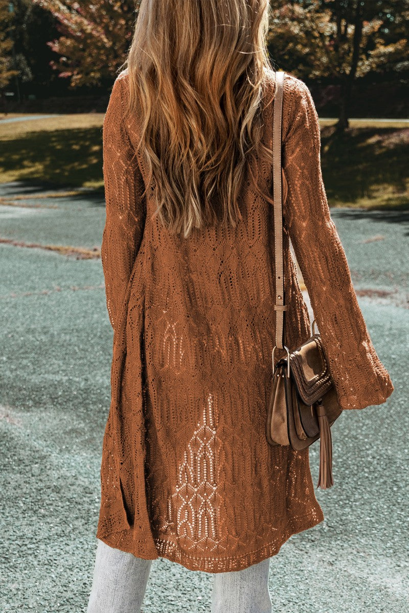 Openwork Open Front Long Sleeve Cardigan - felvior