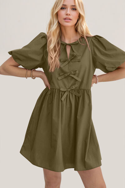 Oh Bow Ruched Puff Sleeve Mini Dress - felvior