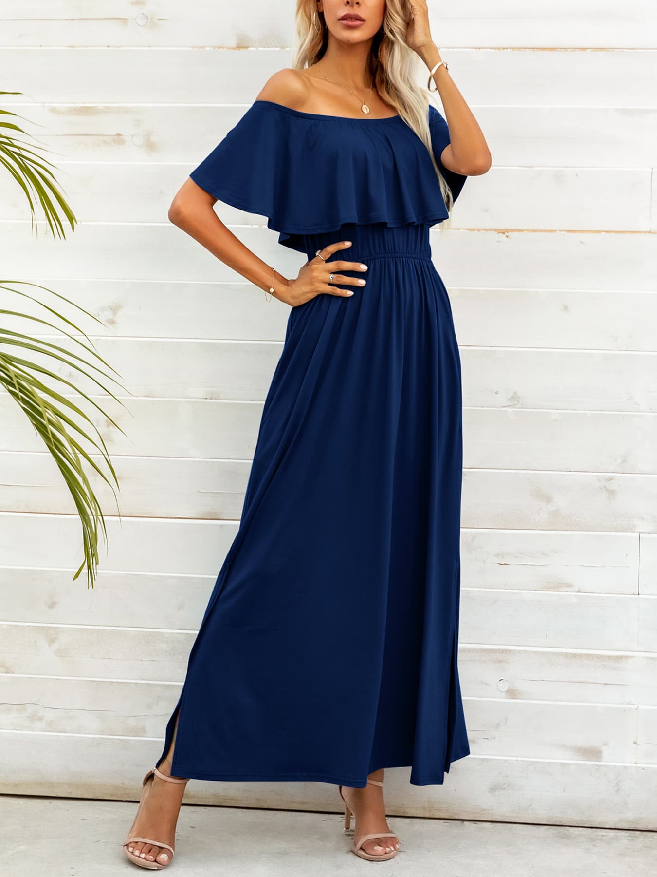 Off-Shoulder Slit Maxi Dress - felvior