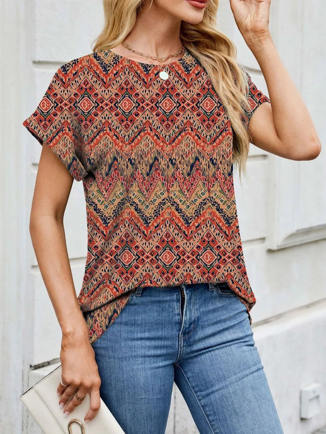 Printed Round Neck Short Sleeve Top