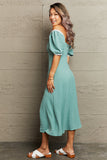 Perfee Swiss Dot Slit Off-Shoulder Dress - felvior