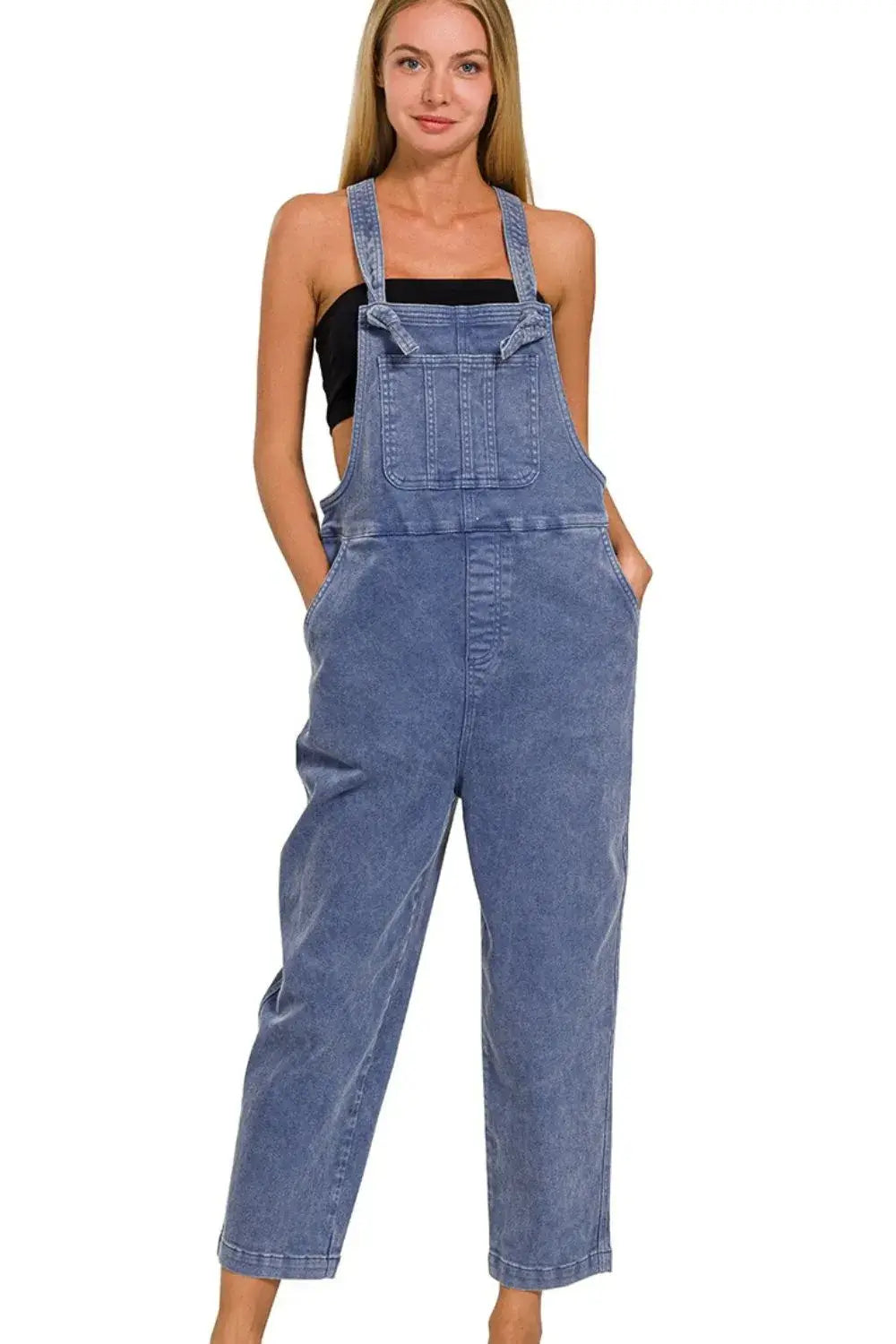 Zenana Washed Knot Strap Relaxed Fit Overalls Hauptbild