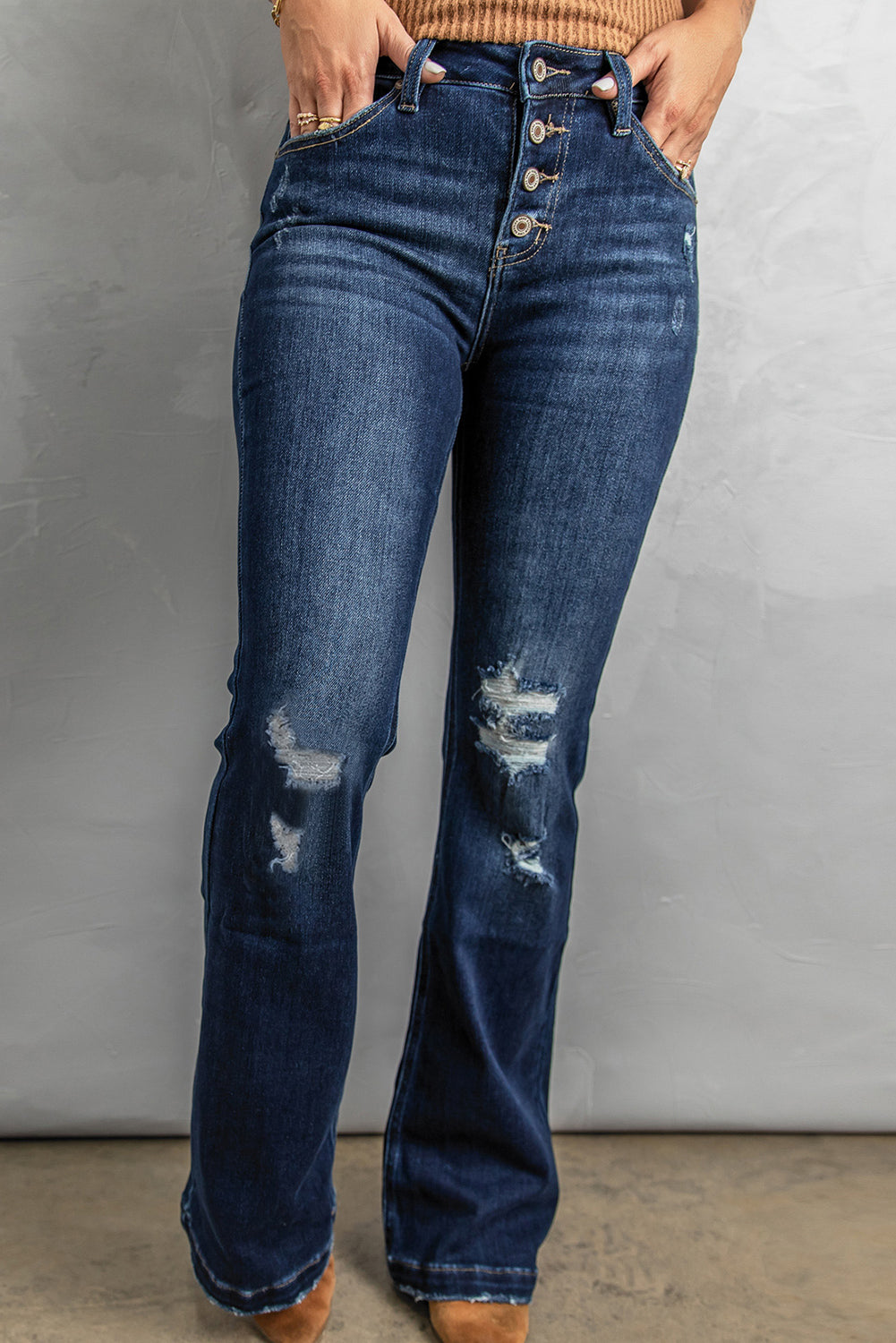Button Fly Distressed Bootcut Jeans - felvior