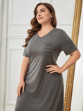 Plus Size Pocketed V-Neck Short Sleeve Lounge Dress - felvior