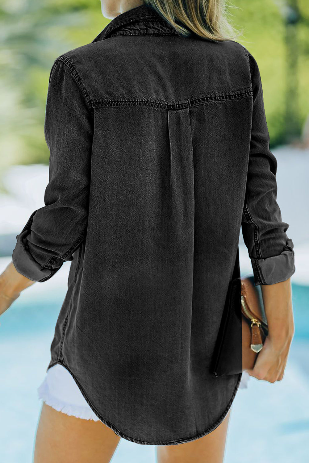 Pocketed Collared Neck Long Sleeve Denim Top - felvior