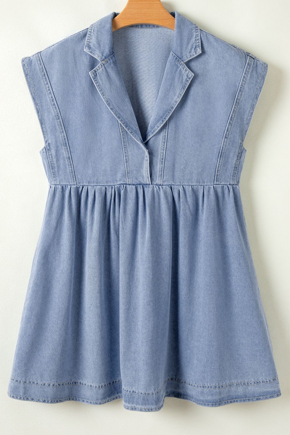 Lapel Neck Cap Sleeve Denim Babydoll Dress - felvior