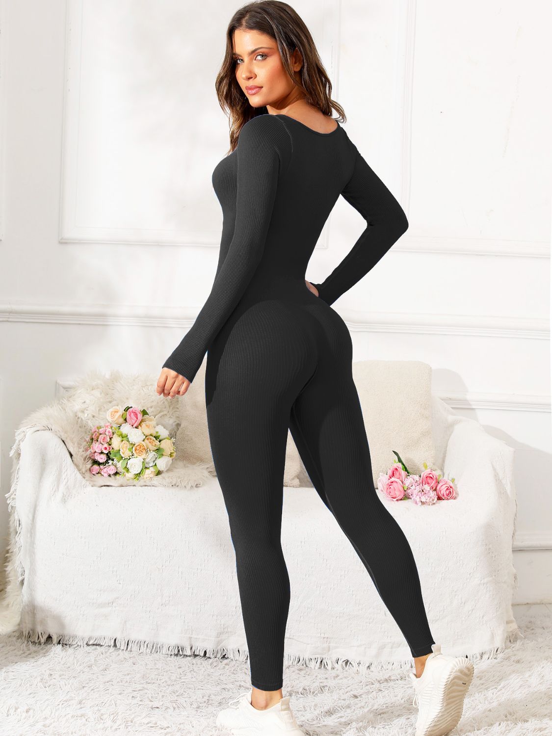 Scoop Neck Long Sleeve Active Jumpsuit - felvior