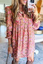 Printed Tie Neck Long Sleeve Mini Dress