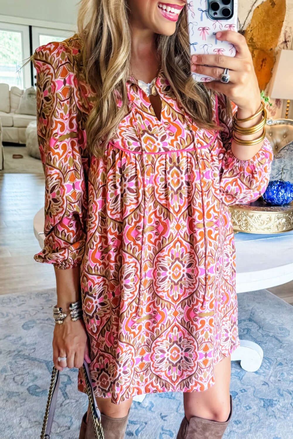 Printed Tie Neck Long Sleeve Mini Dress