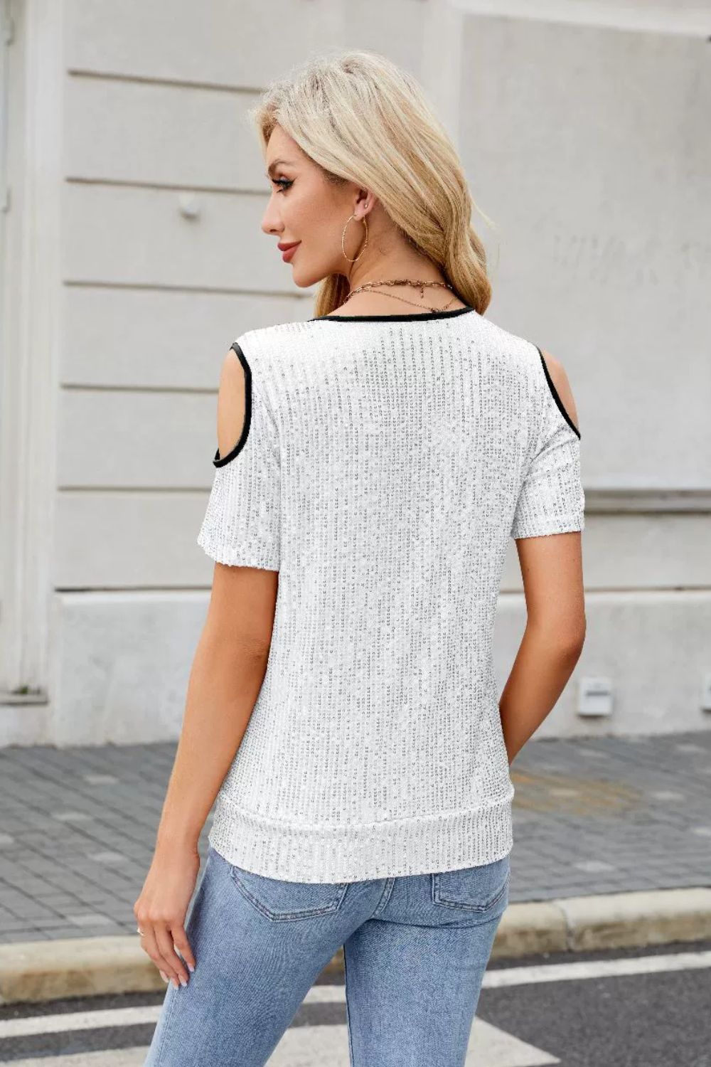 Sequin Crisscross V-Neck Cold Shoulder Blouse - felvior