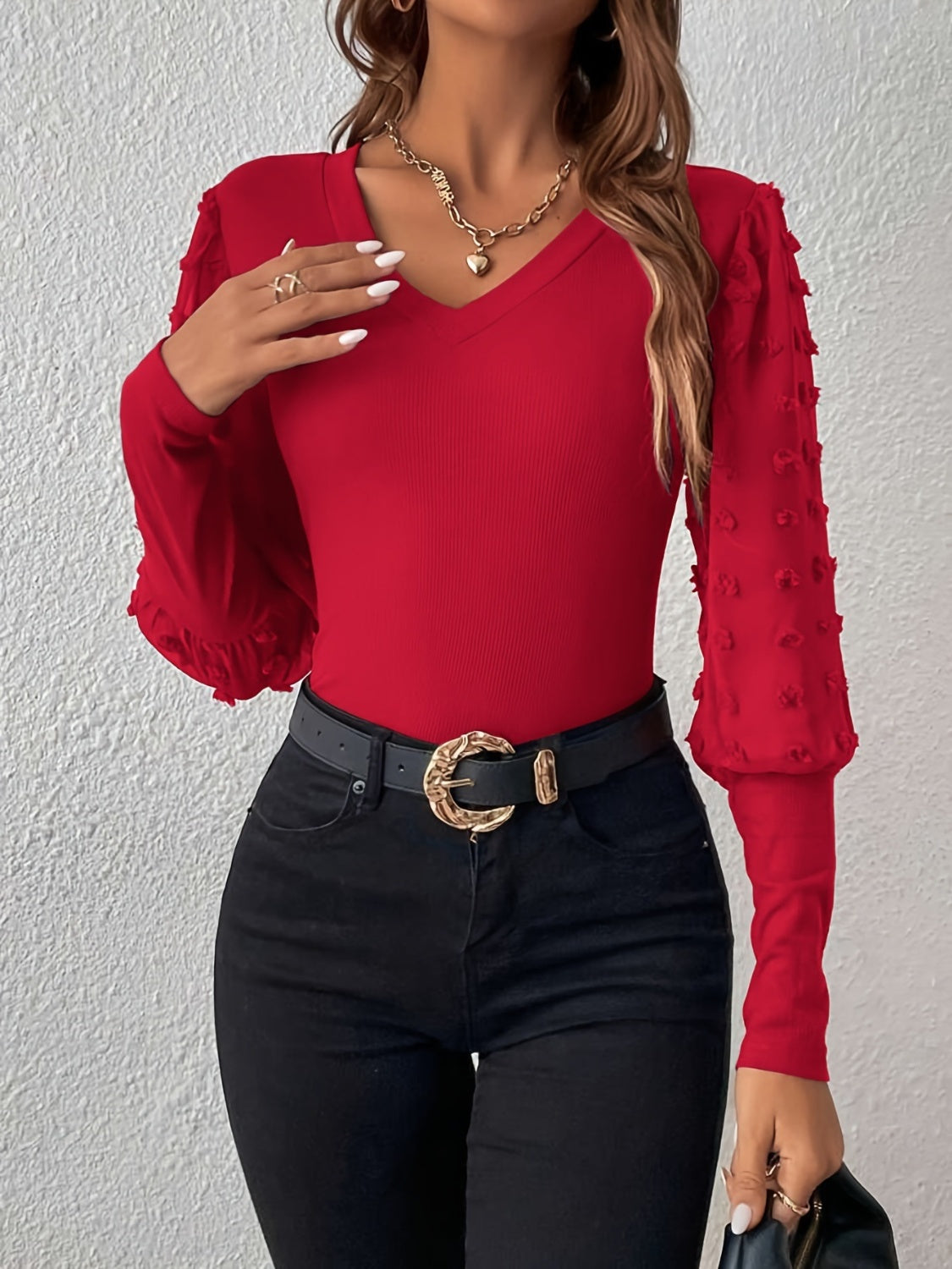 Swiss Dot V-Neck Long Sleeve Top - felvior