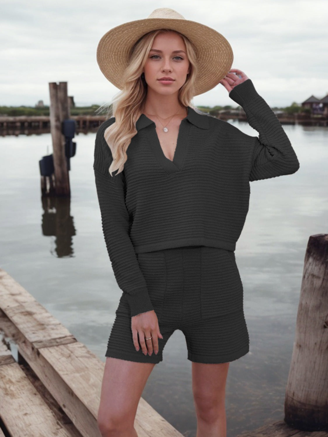 Johnny Collar Long Sleeve Top and Shorts Sweater Set - felvior