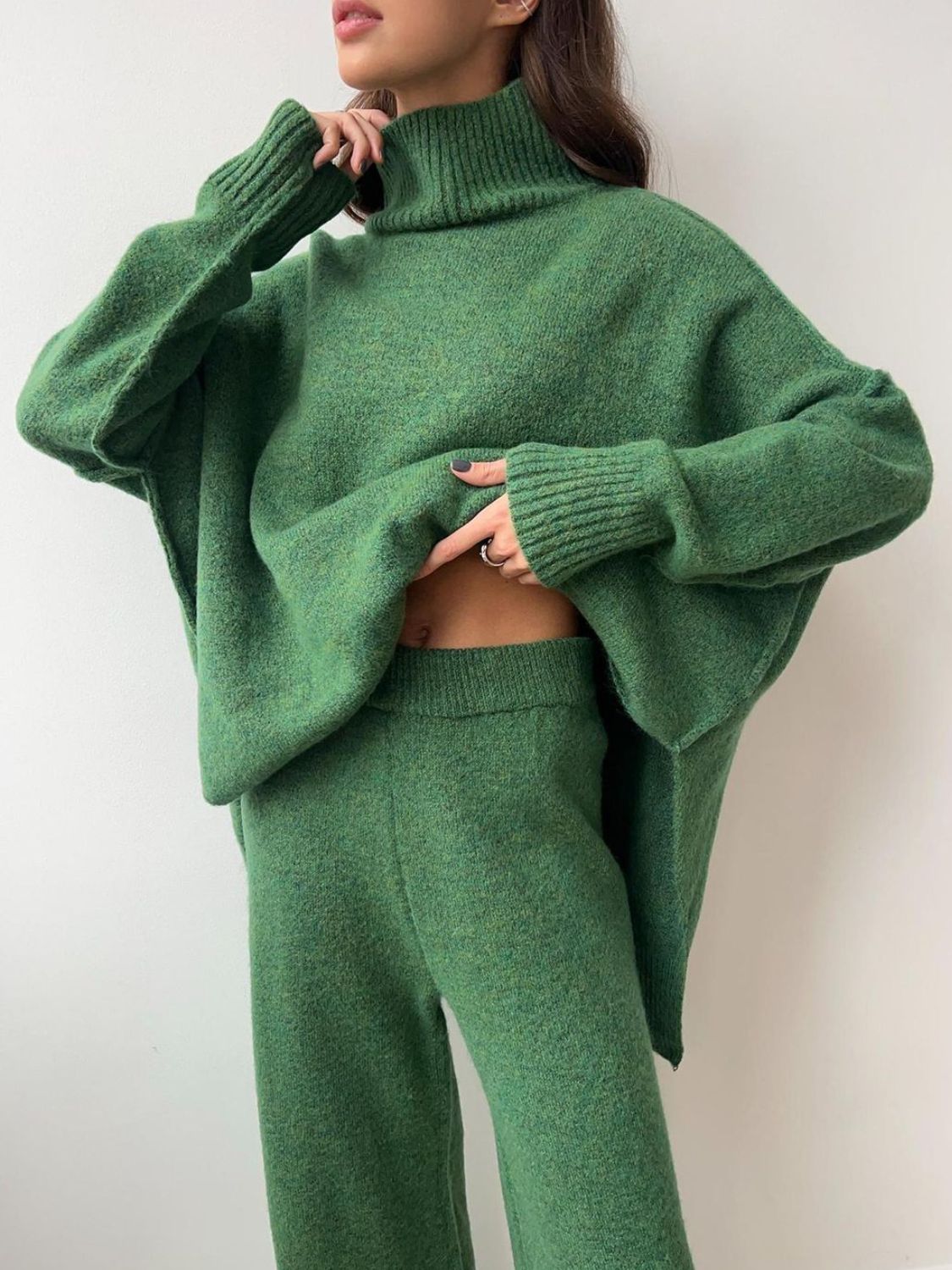 Slit Turtleneck Long Sleeve Top and Pants Sweater Set - felvior