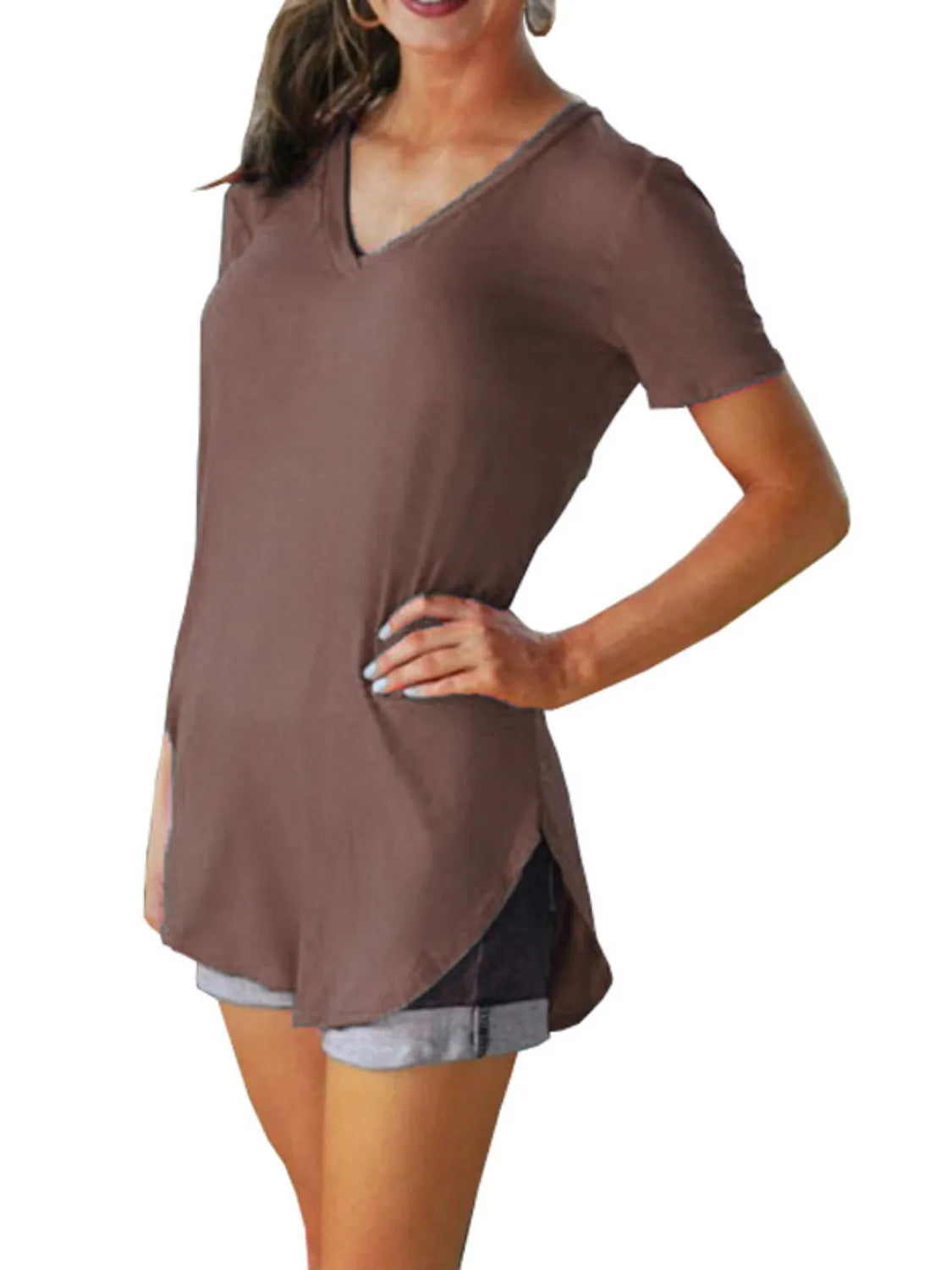 Full Size Solid V-Neck Short Sleeve T-Shirt Plus Size - felvior