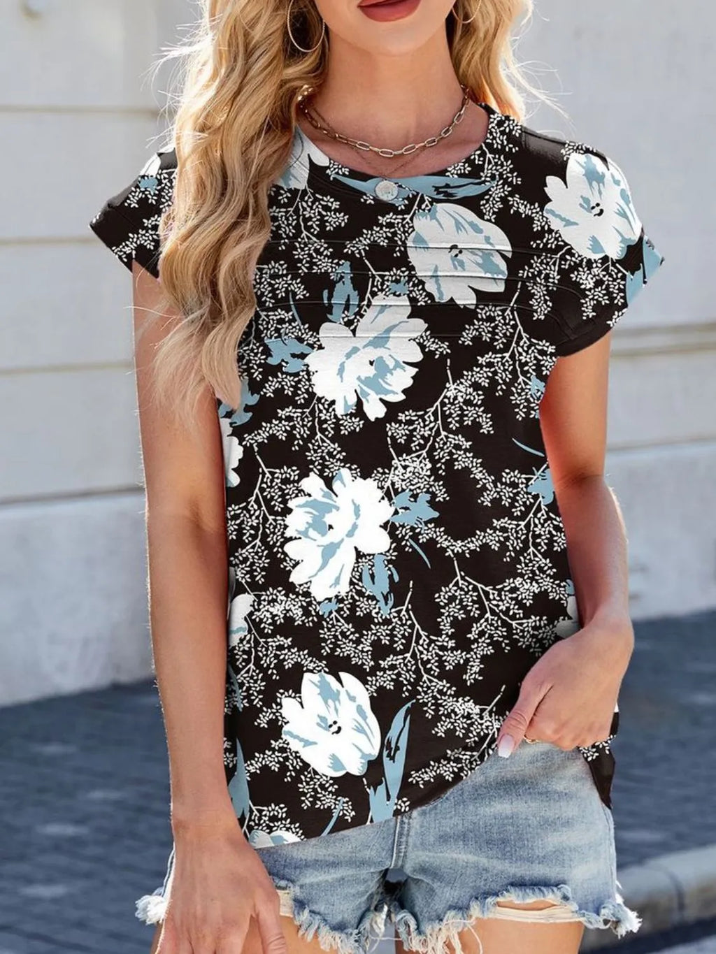 Printed Round Neck Cap Sleeve Top