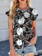 Printed Round Neck Cap Sleeve Top