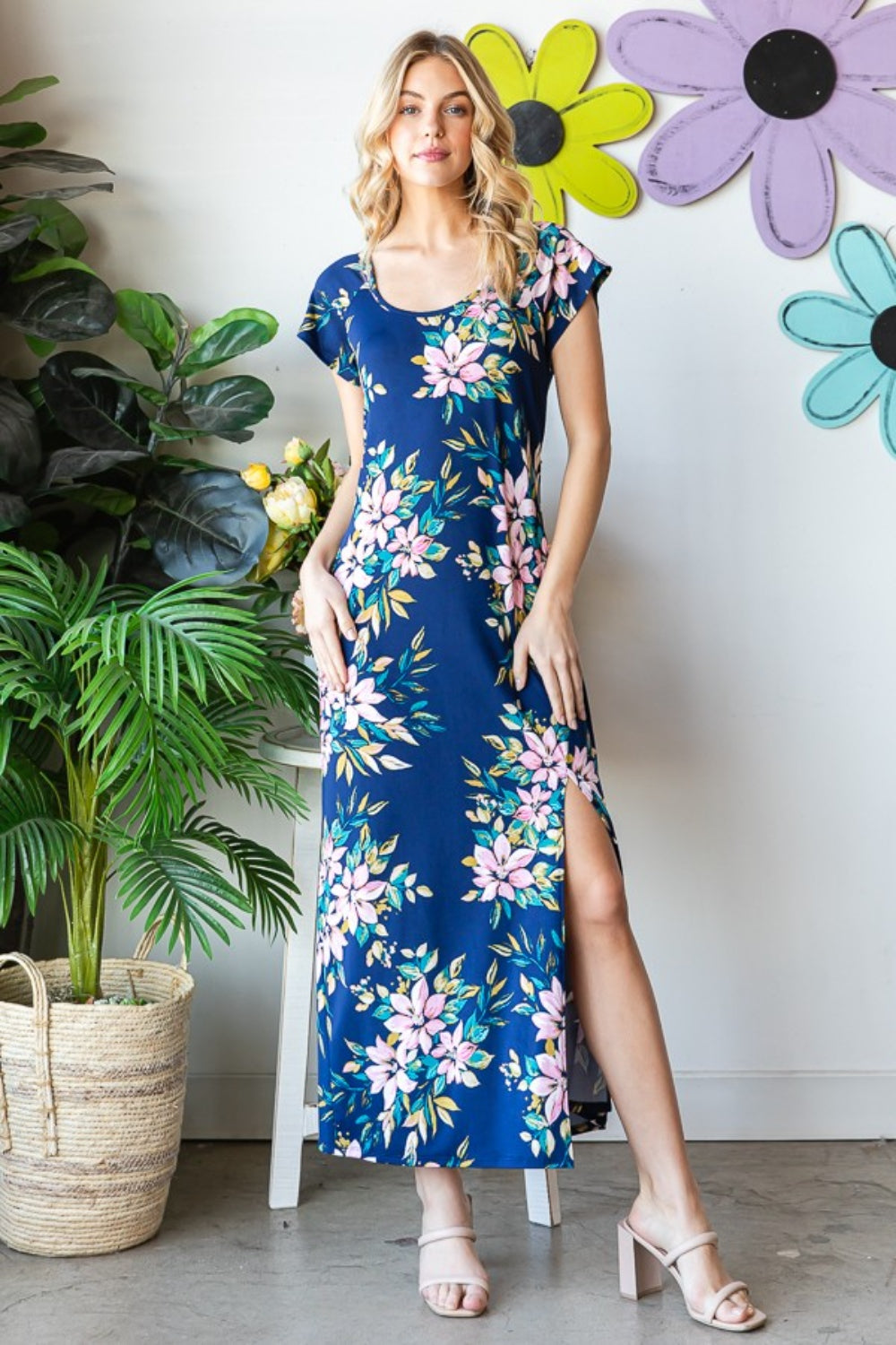 Heimish Full Size Floral Short Sleeve Slit Dress - felvior