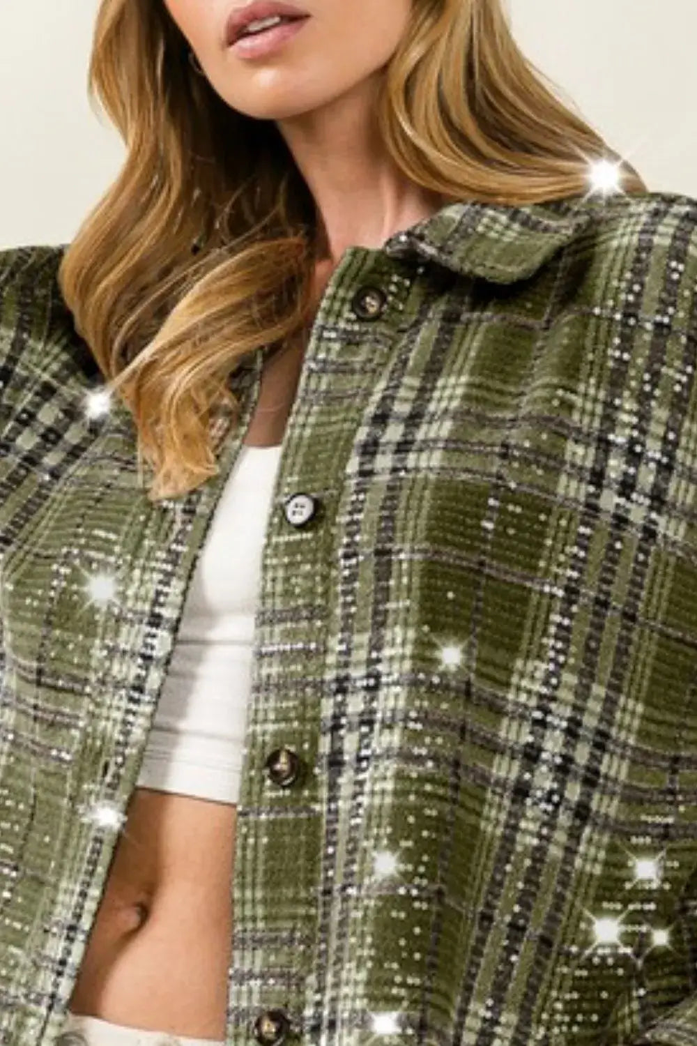 BiBi Allover Clear Sequins Vintage Plaid Jacket