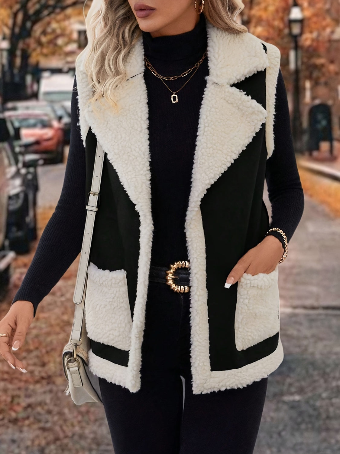Full Size Contrast Open Front Sherpa Vest Coat - felvior
