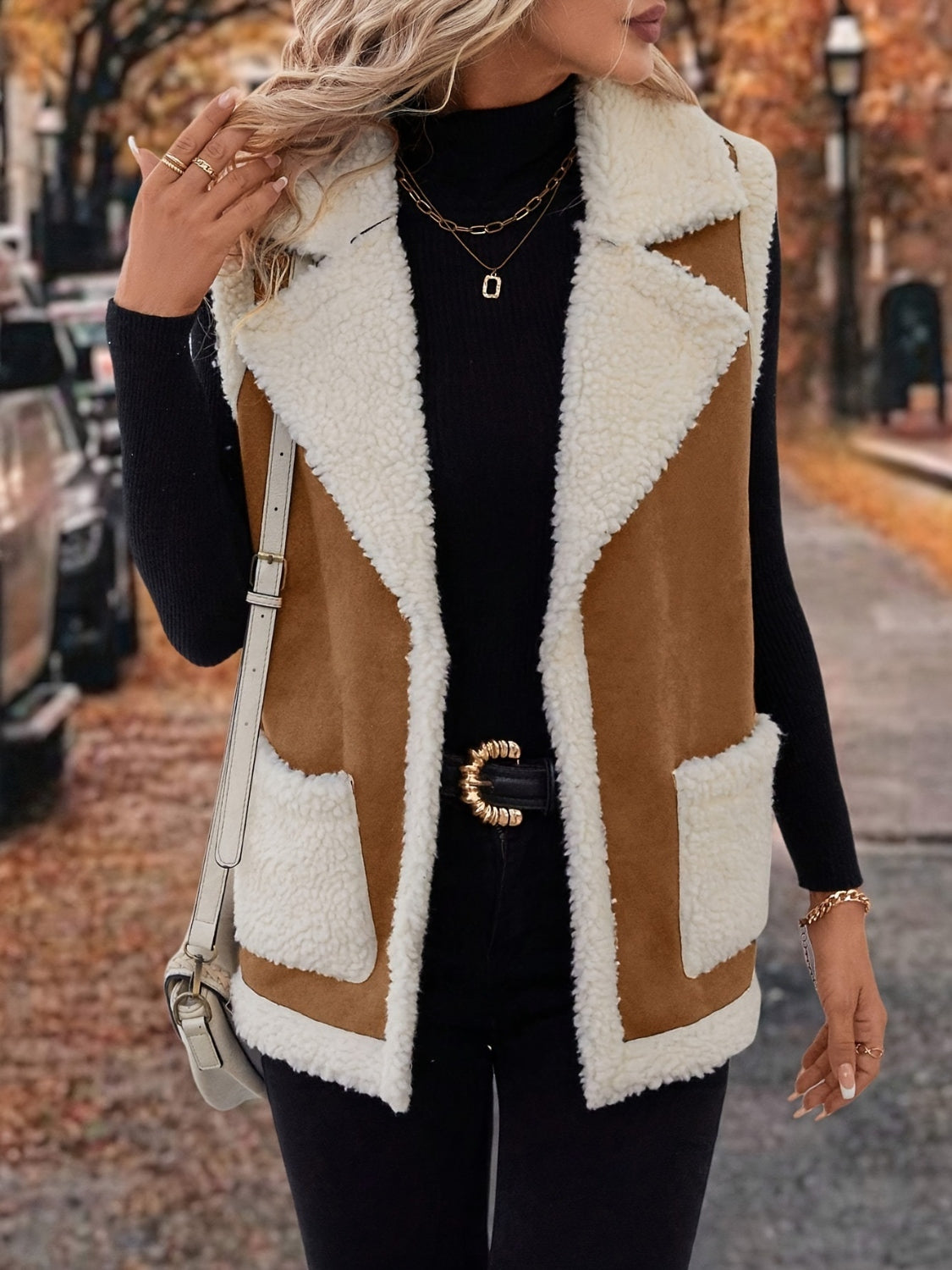Full Size Contrast Open Front Sherpa Vest Coat - felvior
