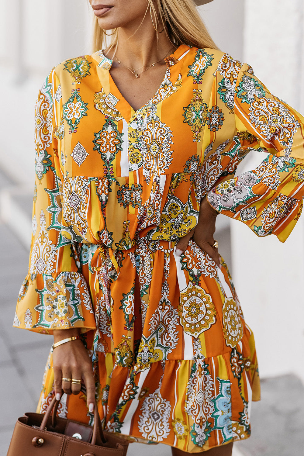 Printed Notched Neck Flounce Sleeve Dress - felvior