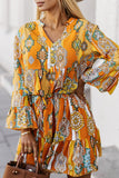 Printed Notched Neck Flounce Sleeve Dress - felvior
