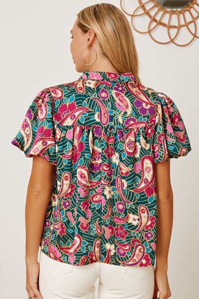 Floral Collared Neck Short Sleeve Blouse - felvior