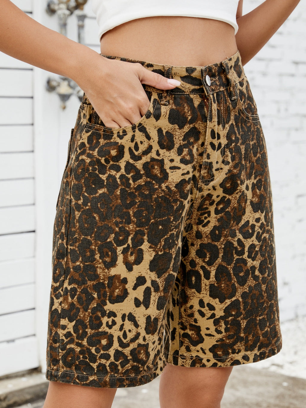 Leopard High Waist Denim Shorts