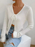 Tied Openwork V-Neck Long Sleeve Cardigan - felvior
