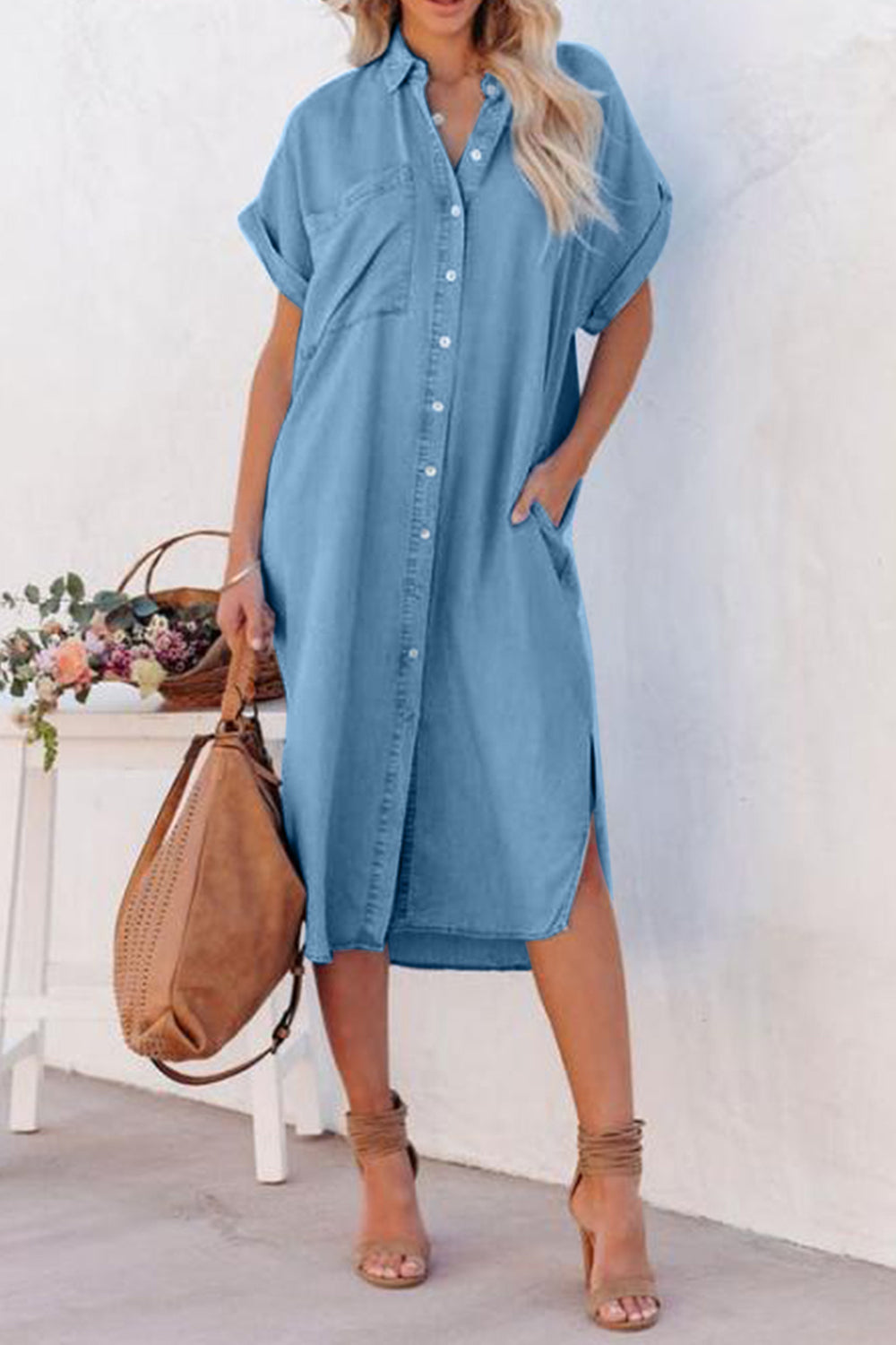 Slit Button Up Short Sleeve Imitation Denim Dress Main image