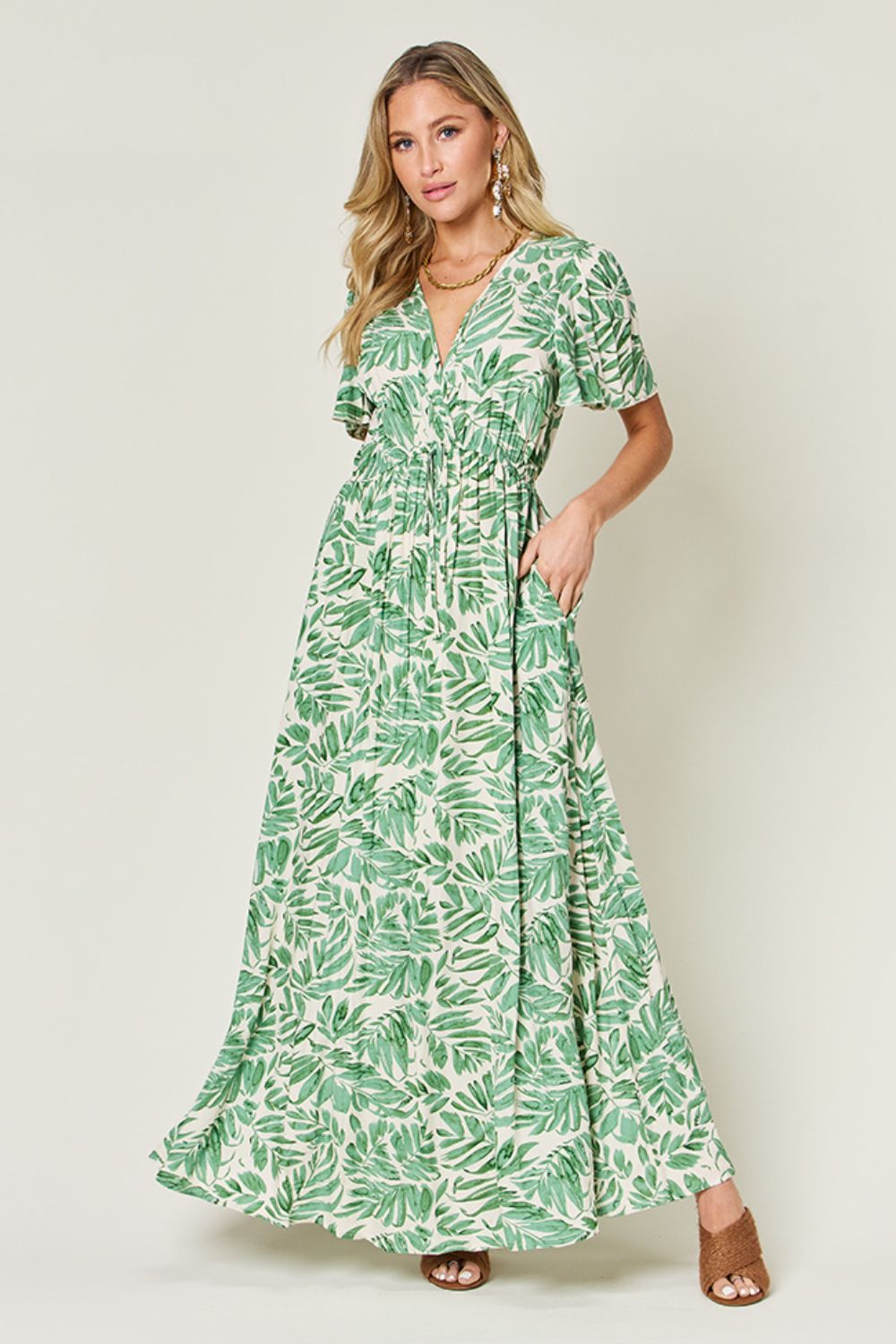 Double Take Full Size Printed Drawstring Short Sleeve Dress - felvior