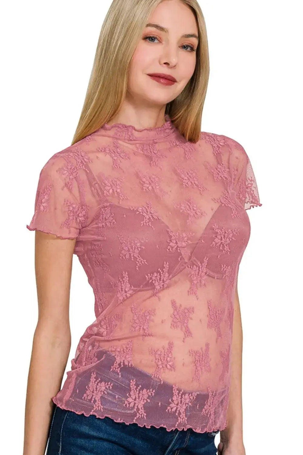 Zenana Lace See-through Layering Short Sleeve Top Image principale du produit