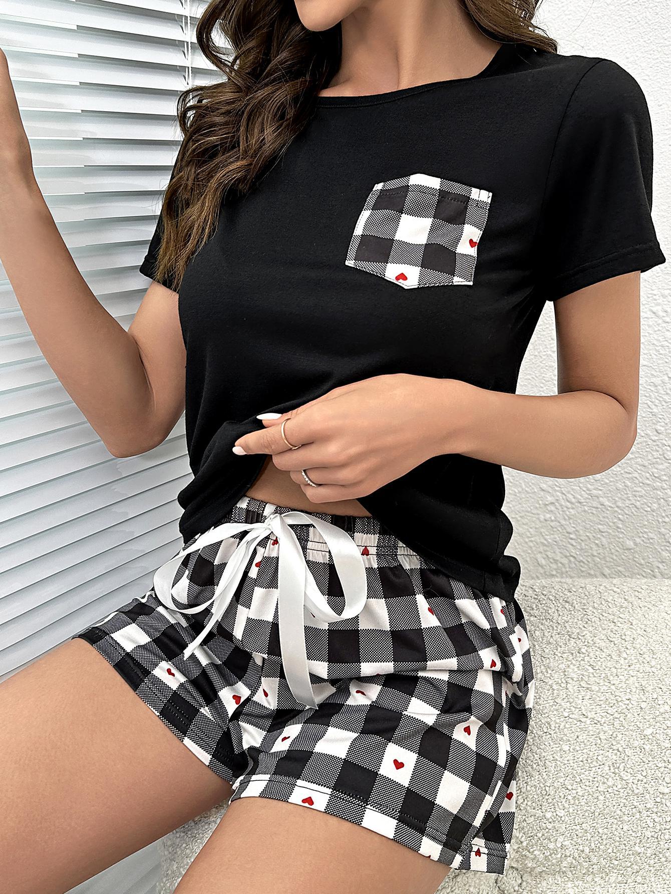 Plaid Heart Top and Shorts Lounge Set - felvior