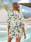 Tassel Printed Open Front Half Sleeve Cover-Up - felvior