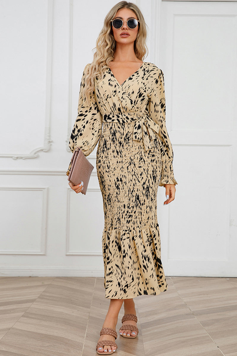 Printed V-Neck Smocked Midi Dress - felvior
