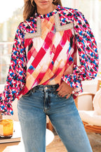 Abstract Geometric Pattern Flounce Sleeve Blouse