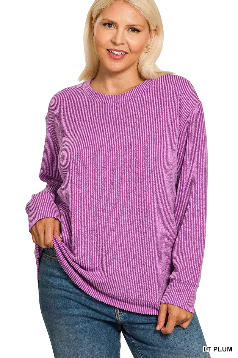 Zenana Full Size Raised Rib Round Neck Long Sleeve Top Plus Size